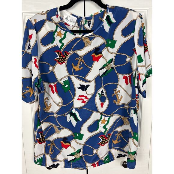 Vintage 80s Nautical Sailing Top Size 16 Boxy Blouse Coastal Preppy Career - Picture 5 of 6